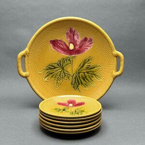 Antique German Majolica Red Hibiscus Basketweave Handled Serving Tray/6 Plates